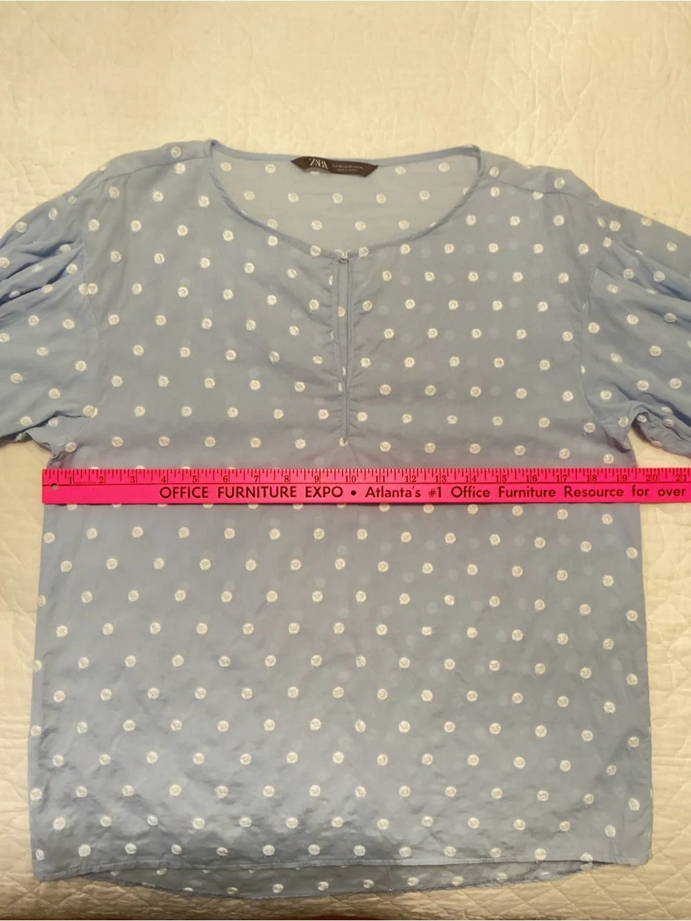 Zara Light Blue Embroidered Polka Dot Puff-Sleeve Top